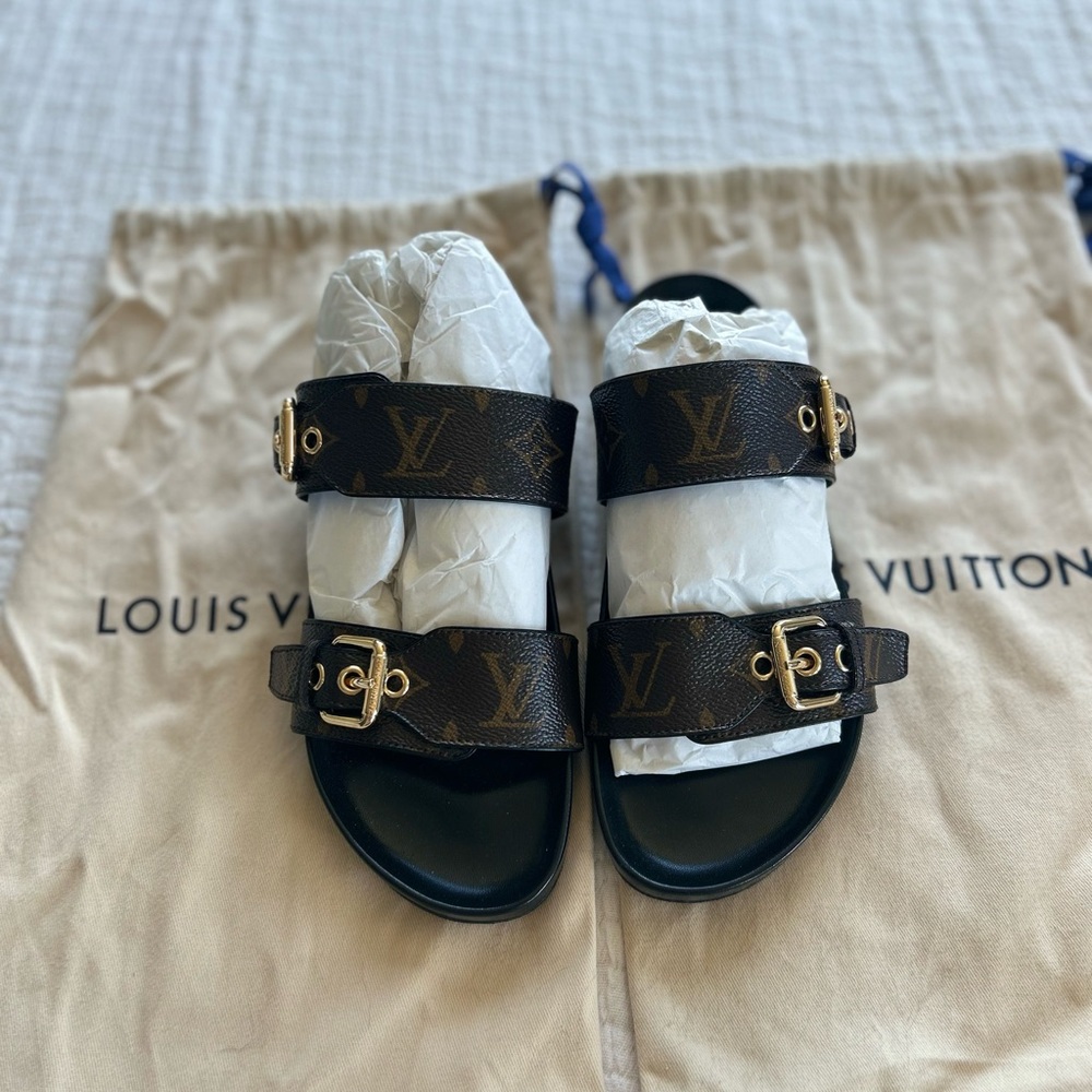Louis Vuitton Monogram Brown Buckle Double-Strap Sandals